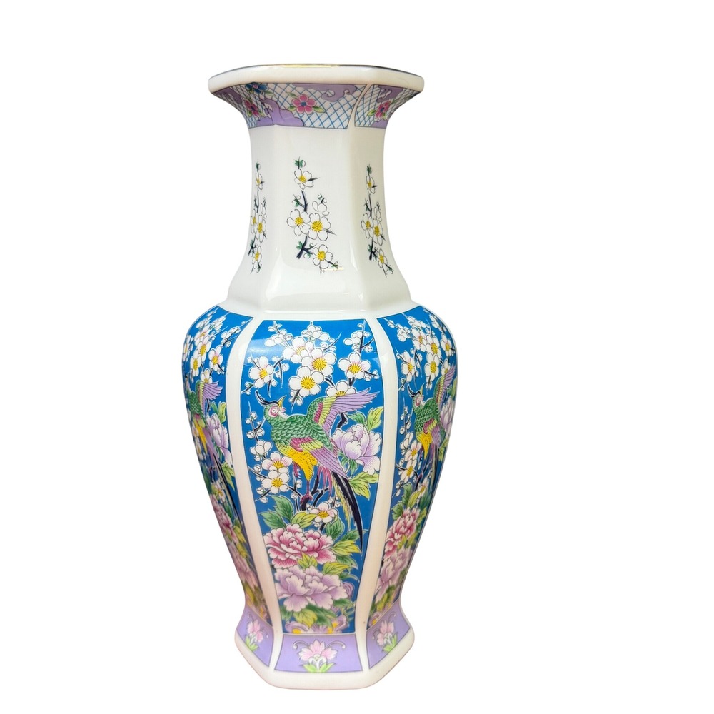 Miyako Vase Floral Peacock Porcelain Blue White 10in Vintage Japan SRO Ornament